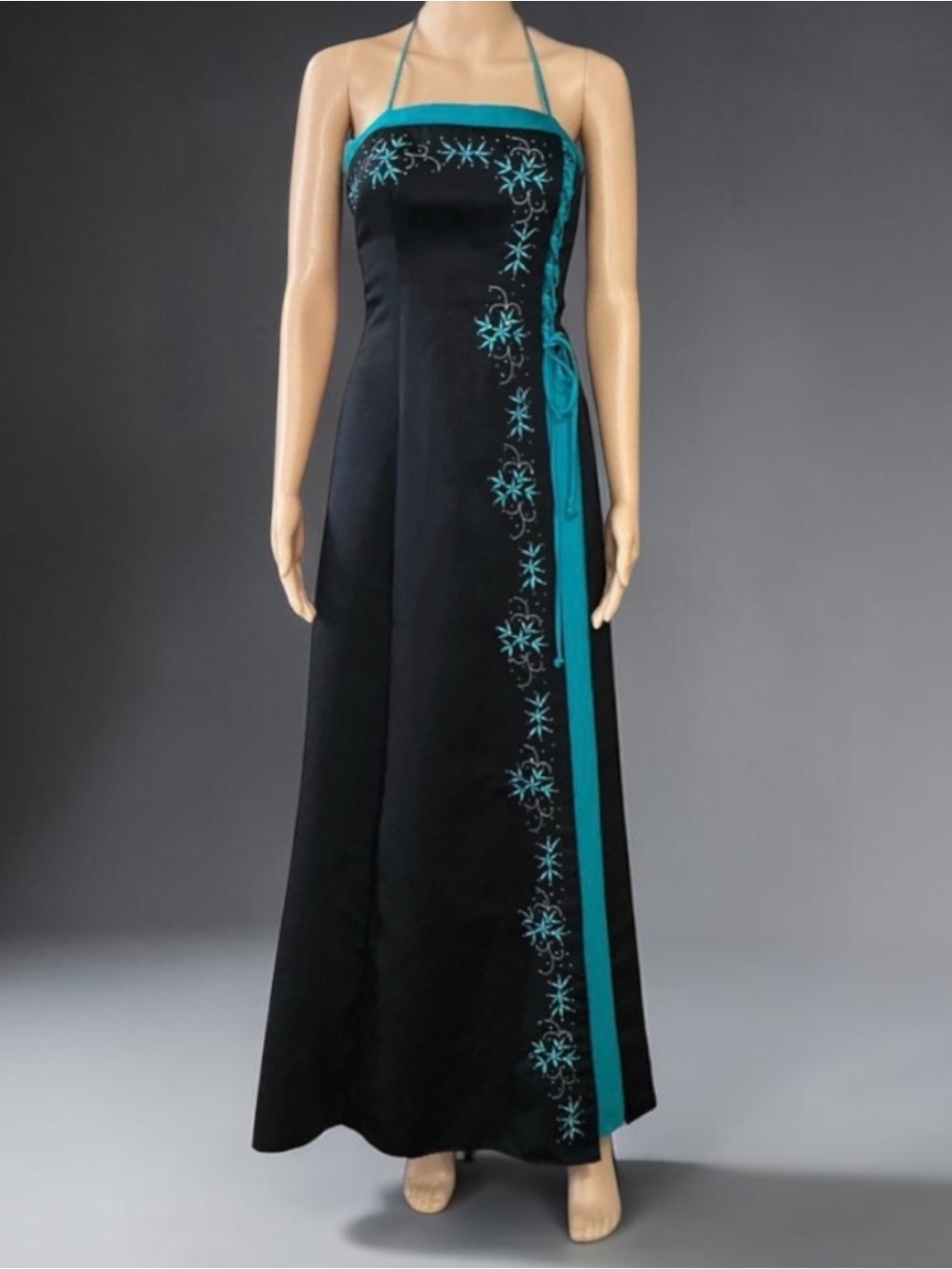 Vintage Masquerade Elegant Black and Teal Halter Evening Gown Dress